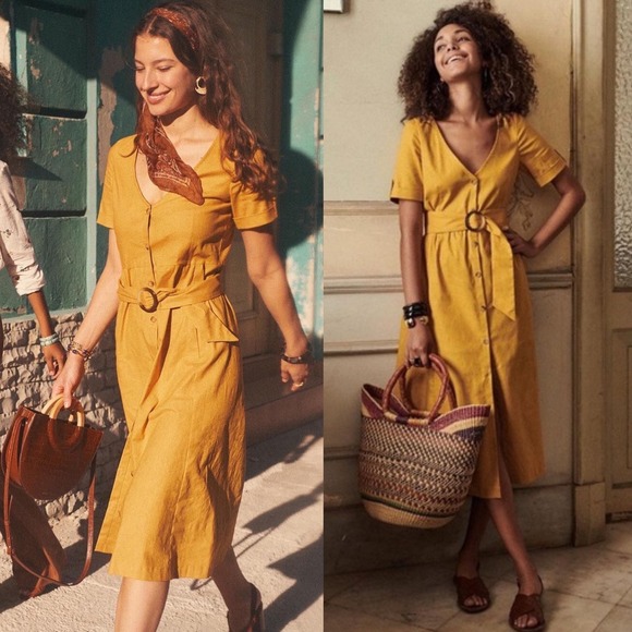 Sezane Dresses & Skirts - Sezane Linen Marianna Dress Curry Golden Yellow Belted Womens Sz 36 French US 34